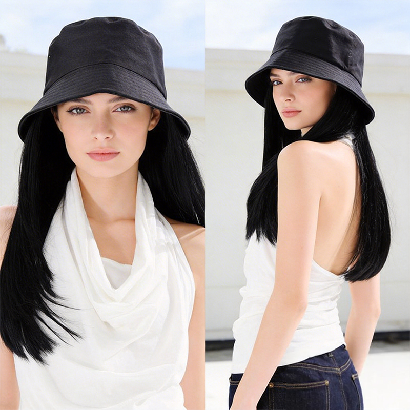 Bucket Hat Women - Chapeau bob noir pare-soleil avec cheveux