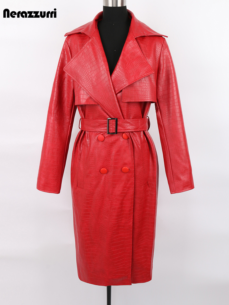 Women'S Fashion Raincoat - Nerazzurri-Manteau long en cuir imprimé crocodile
